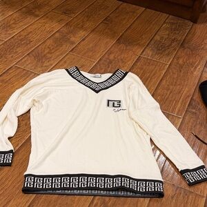 White Long Sleeve Top with Black Geometric Trim